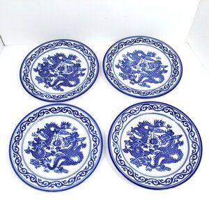Bombay Co Asian Dragon Design Blue & White Porcelain 7 3/4” Salad Plate Lot of 4